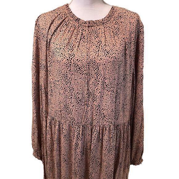 Old Navy XXL Tan and Black Small Print Maxi Long Sleeve Dress Round Neck NWT - Picture 2 of 4